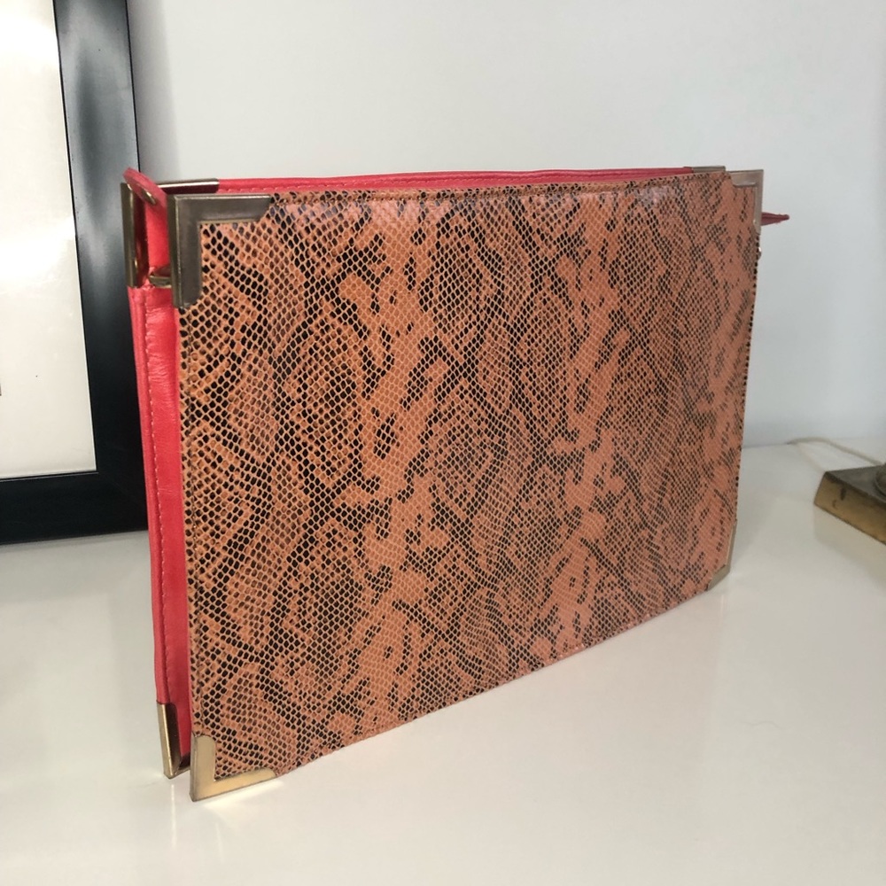 Coral Pink Handbag with Faux Snakeskin Pattern